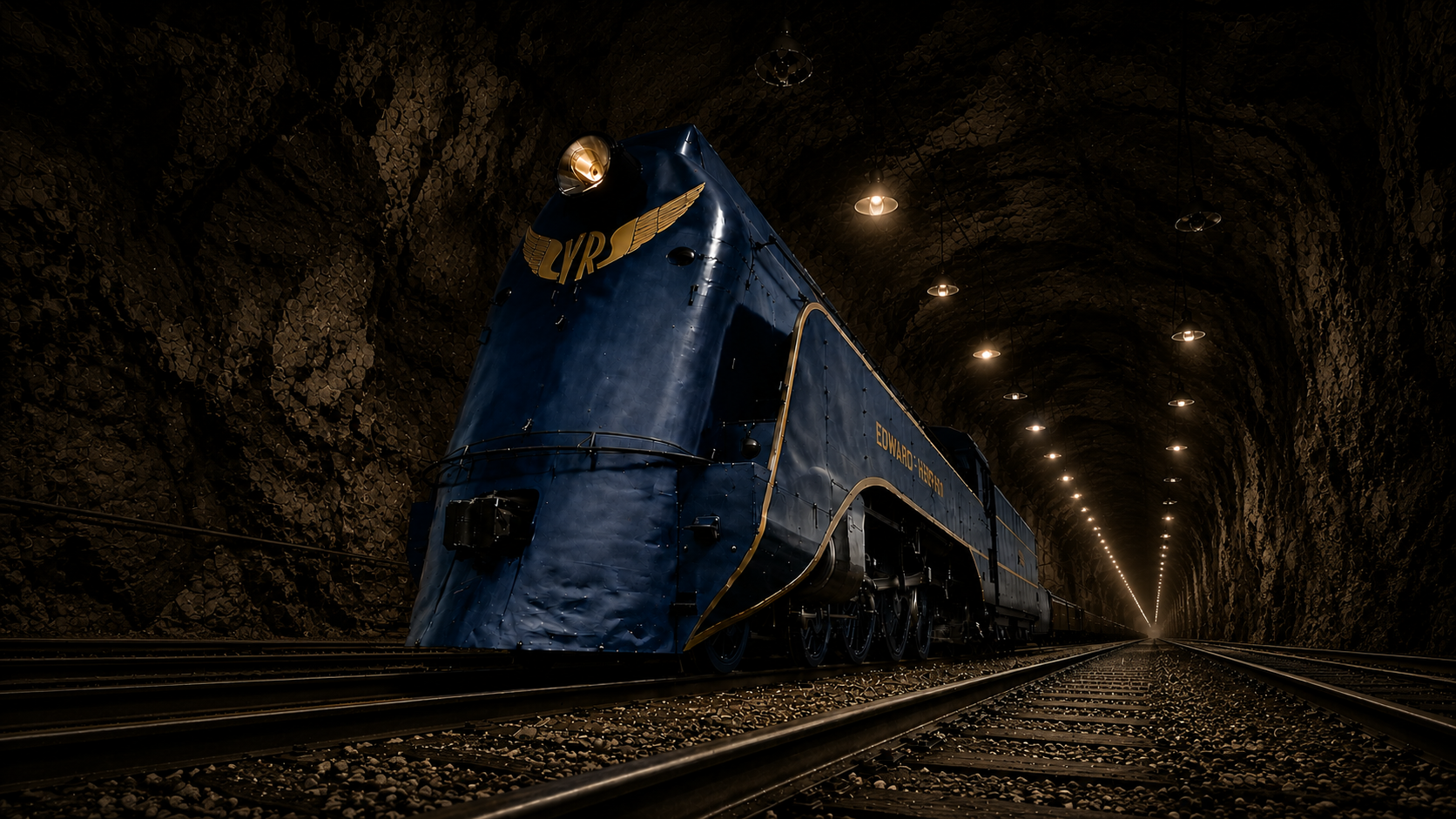 Streamlined blue Edward Henry locomotive emerging from a lit tunnel